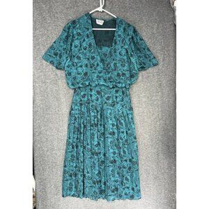 Vintage Secrets Midi Dress Teal Black Floral Peter Pan Collar Fairy Grunge Sz L